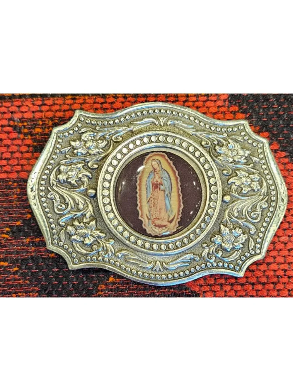 VINTAGE Virgin Mary Fine Pewter Belt Buckle  Intricate Floral Design